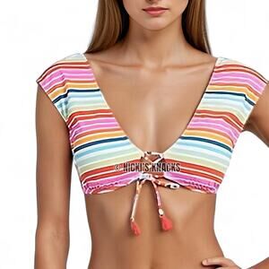 Decree Striped Lace Up Bralette Bikini Top Multicolor Swimsuit Size M